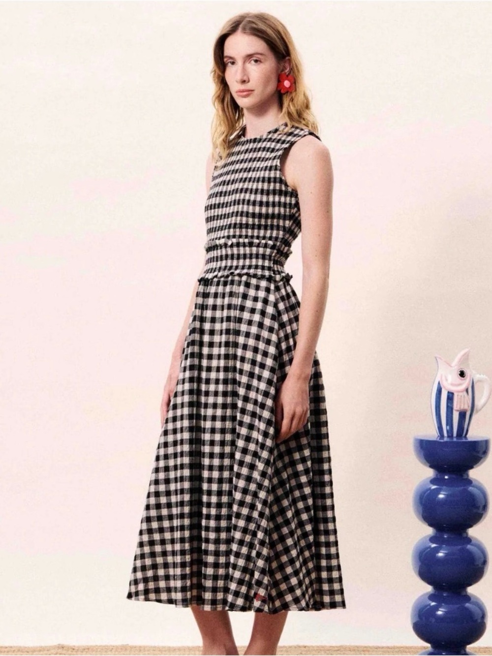 FRNCH Black and White Gingham Midi Dress